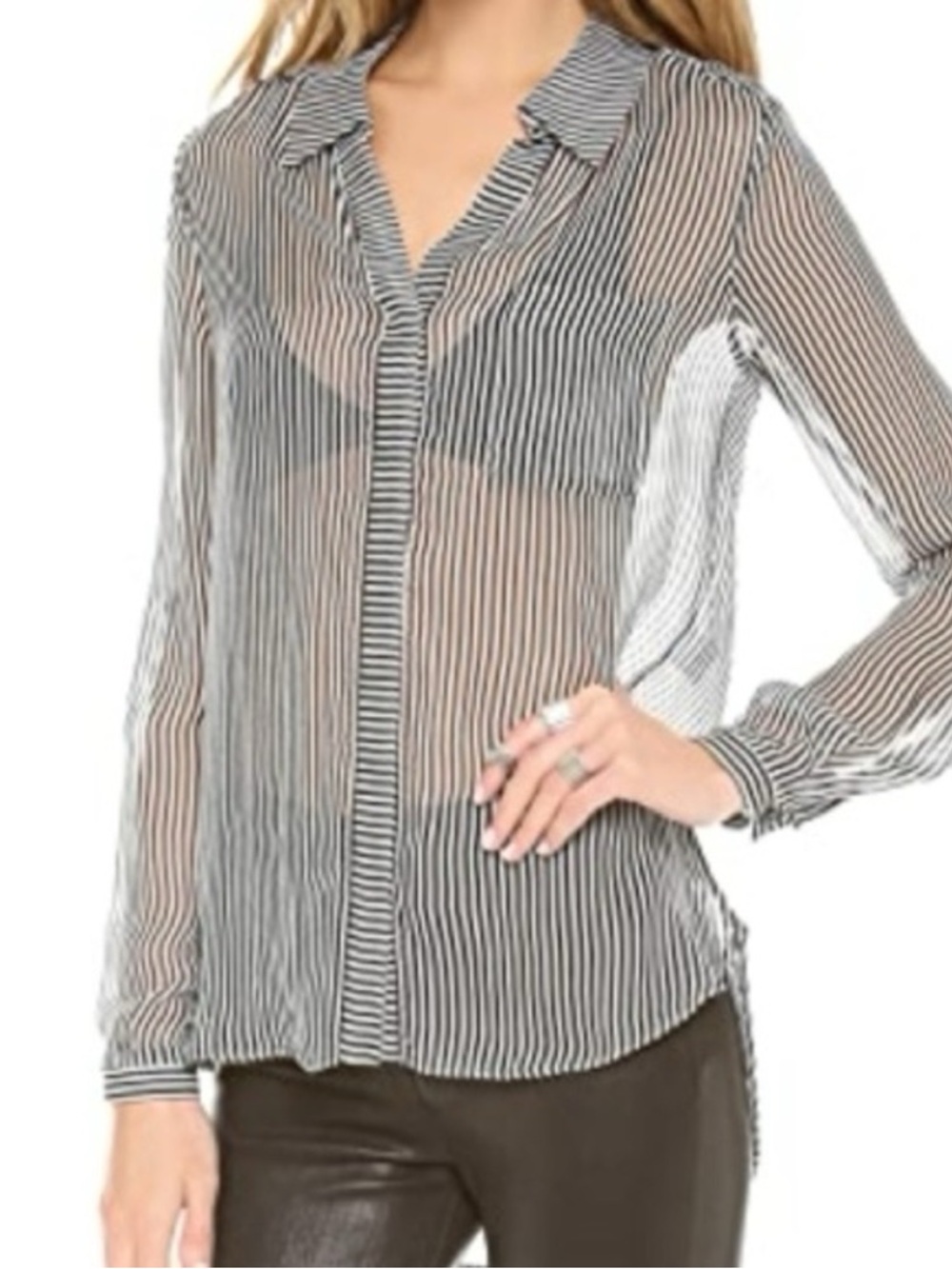 DVF Black & White Silk Sheer Striped Blouse